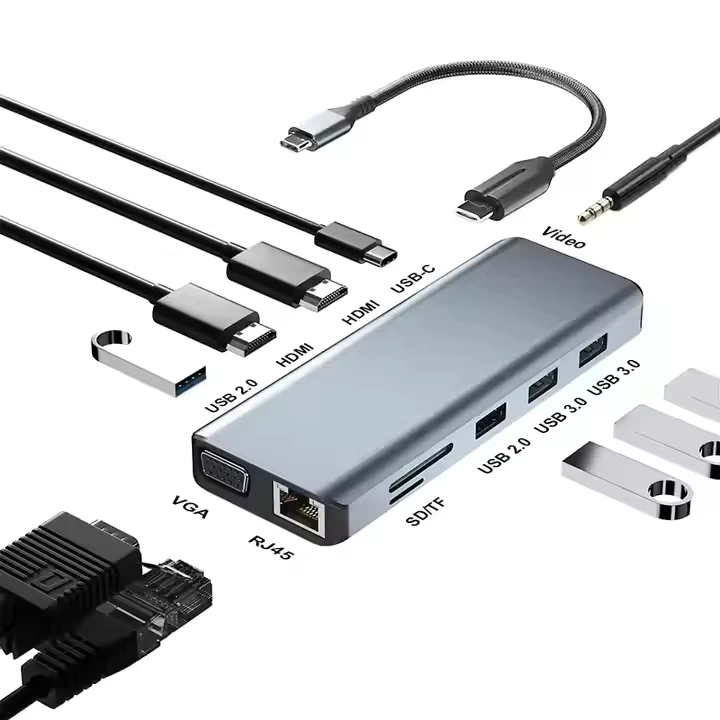 12 in 1 TYPE-C Multi-Function Adapter with dual USB-C ports Connect multiple devices RJ45 ethernet PD 100W USB C hub hubs