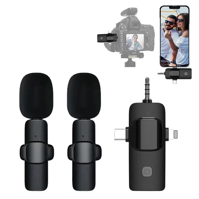 K15-3 In 1 Lavalier microphone wearable live noise cancelling wireless clip lavalier recording microphone for android, Type C and iPhone