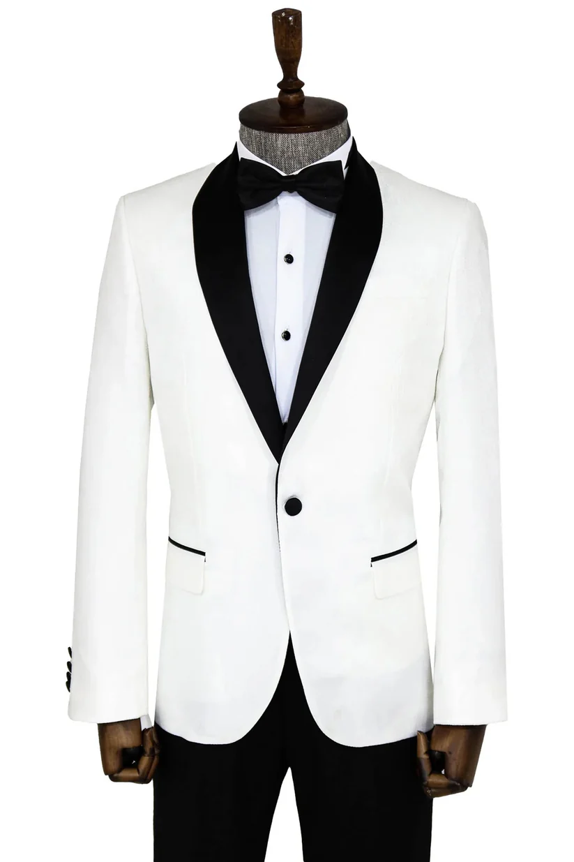 Ensemble Smoking Homme , Costume 2 Pièces , 1 Bouton Veste + Pantalon, Blanc/Noir