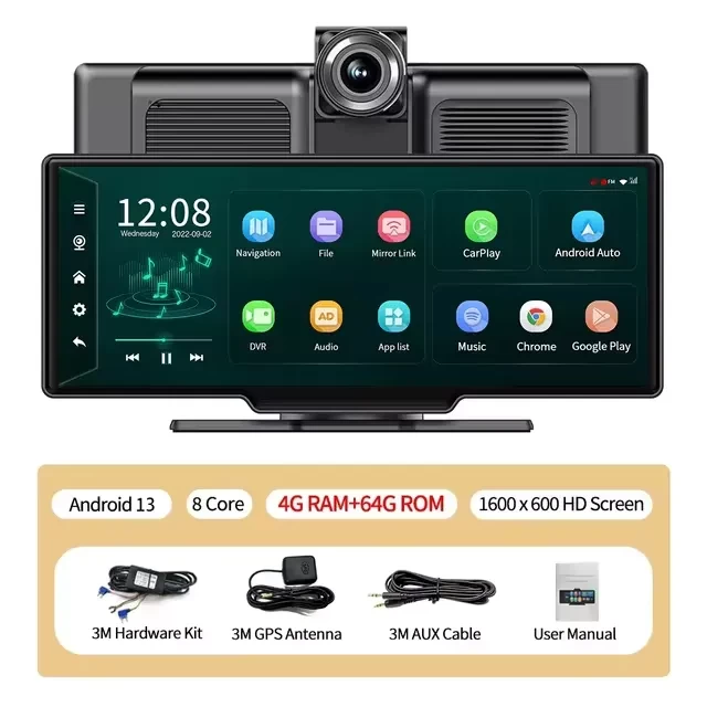 10.26''Dashboard Android 13 Dash Cam 5.1 Bluetooth U Disk ADAS GPS Navigation FM AUX 24H Parking Monitor Car DVR Video Recorder