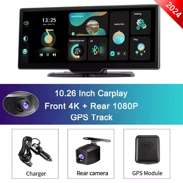 Dash Cam 4K 2160P Rearview Camera Carplay & Android Auto GPS Navigation with Voice Control Car DVR BT FM Monitor